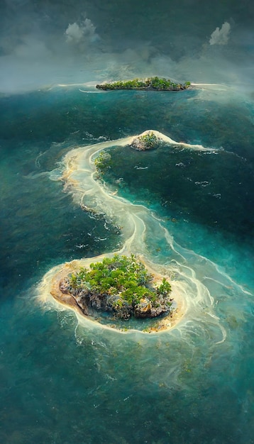 Luftaufnahme von kleinen exotischen Atollinseln im offenen Meer Schöne Natur 3D-Darstellung
