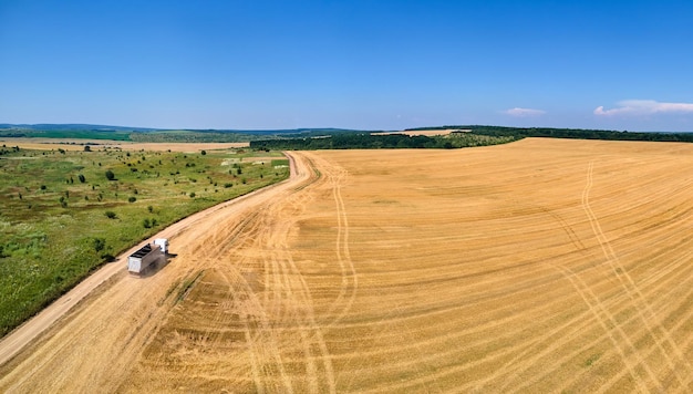 Luftaufnahme von Lastwagen auf unbefestigten Straßen zwischen landwirtschaftlichen Weizenfeldern Transport von Getreide nach der Ernte durch Mähdrescher während der Erntesaison