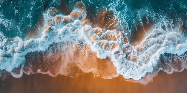 Luftaufnahme von lebendigen Ozeanwellen, die an die Küste stürzen, lebendige Farben, Schönheit der Natur, die von oben festgehalten wurde, perfekt für Hintergründe und Tapeten, KI