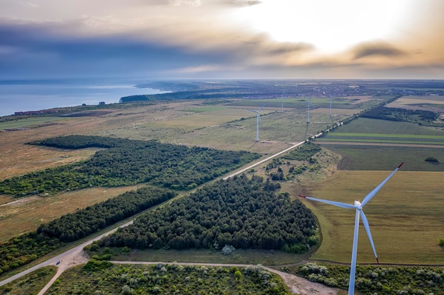 Luftaufnahme von Meeresküstenfeldern und Windkraftanlage. Horizontale Ansicht