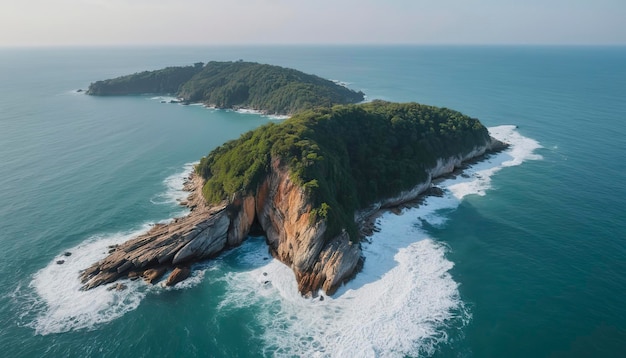 Luftaufnahme von Meereswellen, die auf Felsen und Klippen im blauen Ozean stürzen Top-Aufnahme von Küstenfelsen