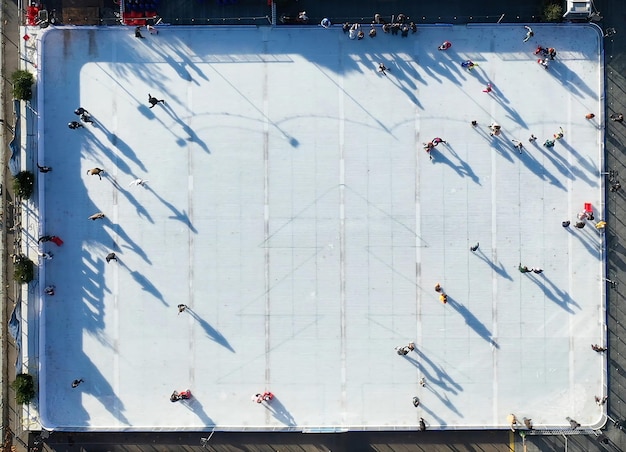 Luftaufnahme von Menschen, die auf einer Eisbahn im Freien Eislaufen