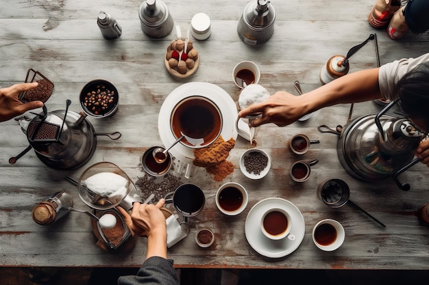 Luftaufnahme von Menschen, die Filterkaffee zubereiten, wurde von der KI erzeugt