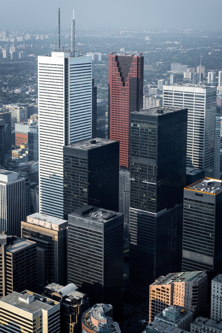 Foto luftaufnahme von modernen wolkenkratzern und bürogebäuden im finanzviertel von toronto