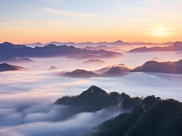 Luftaufnahme von Nebel über den Bergen am Morgen