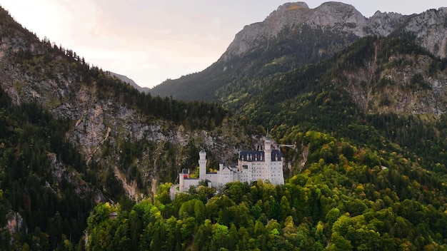 Luftaufnahme von Neuschwanstein-Schloss auf den Alpen Hintergrund in der Nähe von München Bayern Deutschland Europa Herbstlandschaft mit Schloss und See in Bergen mit Fichtenwald bedeckt