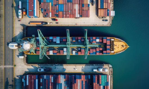 Luftaufnahme von Seefrachtschiffen mit Containern in einem Hafen