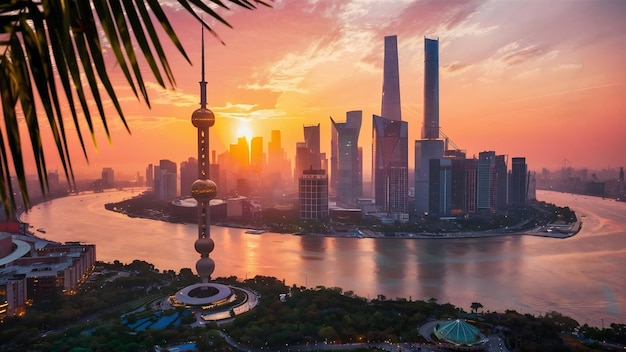 Luftaufnahme von Shanghai bei Sonnenuntergang