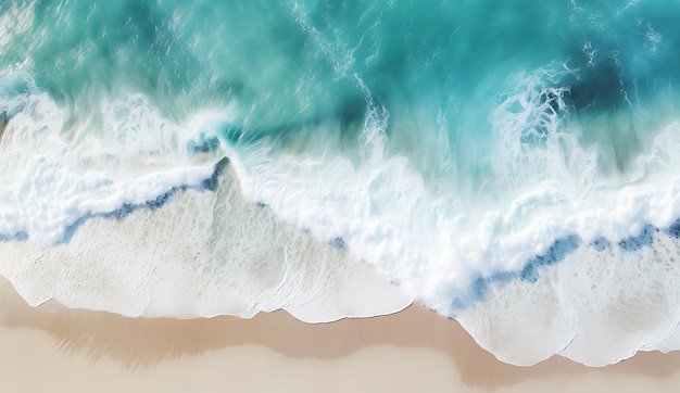 Luftaufnahme von Strand und Wellen mit Wasser im Stil von Weiß und Cyan
