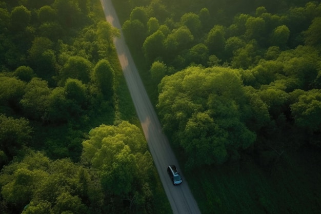 Luftaufnahme von Straße und Wald. Straße durch den Wald mit Blick auf das Auto von oben. Generative KI
