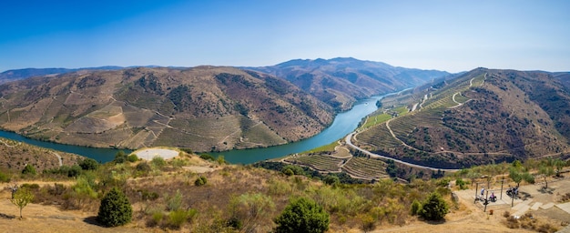 Luftaufnahme von Weinbergen und Fluss Douro in der Nähe von Vila Nova de Foz Coa, Portugal