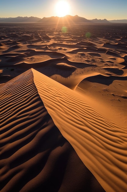 Luftaufnahme welliger Sanddünen mit Schatten der untergehenden Sonne, erstellt mit generativer KI