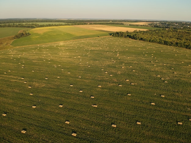 Luftaufnahme zu gestapeltem Heu auf dem Weizenfeld unter Himmel. Ambrosia Feld. Drohnenfotografie.