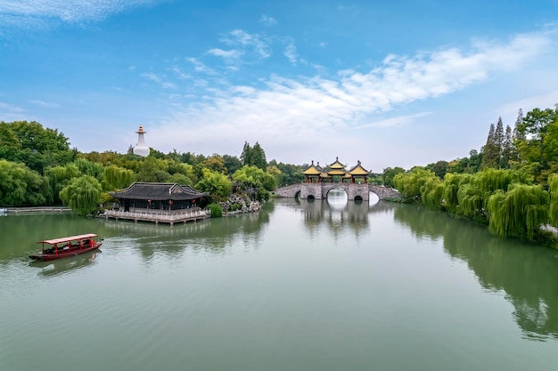 Luftaufnahmen der chinesischen Gartenlandschaft des Slender West Lake in Yangzhou