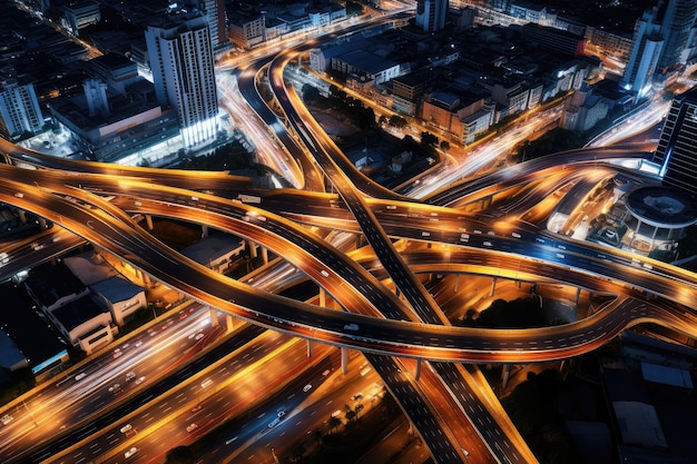 Luftaufnahmen einer großen Überführungsbrücke in einer modernen Stadt bei Nacht