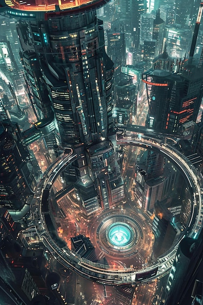 Luftaufnahmen einer Science-Fiction-Stadt mit fortschrittlicher Infrastruktur. Futuristische Stadt