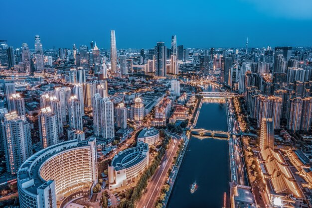 Luftaufnahmen von Tianjin City Building Skyline Nachtansicht