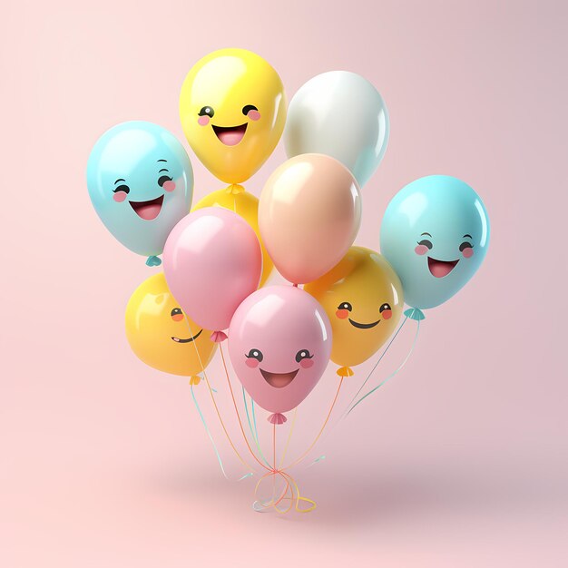 Luftballons dynamischer bezaubernder Ausdruck winzige süße isometrische Emojis in sanften Pastellfarben