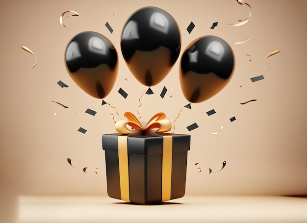 Luftballons mit Geschenkbox in 3D-Render-Cartoon-Schwarz