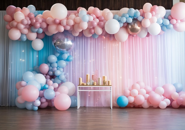 Luftballons und Kerzen sind auf einem Tisch vor einer generativen KI im Hintergrund angeordnet