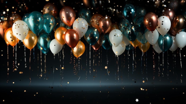 Luftballons und Konfetti auf schwarzem Hintergrund