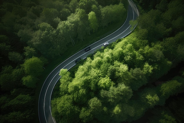 Luftbild Asphaltstraße und grüner Wald Forststraße, die durch den Wald führt, mit Blick auf das Autoabenteuer von oben Ökosystem und Ökologie gesunde Umweltkonzepte und Hintergrund