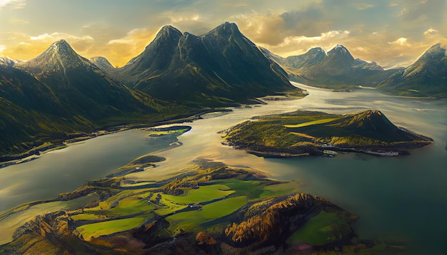 Luftbild auf Andalsnes bei Sonnenaufgang über dem Berg Norwegen Berglandschaft Generative Ai