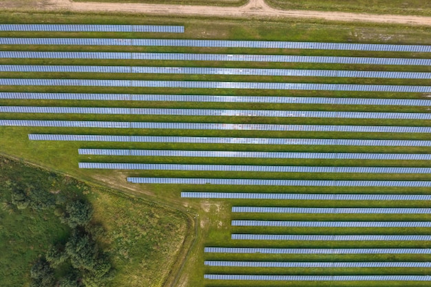 Luftbild auf dem Feld der Sonnenkollektoren Erneuerbare Sonnenenergie
