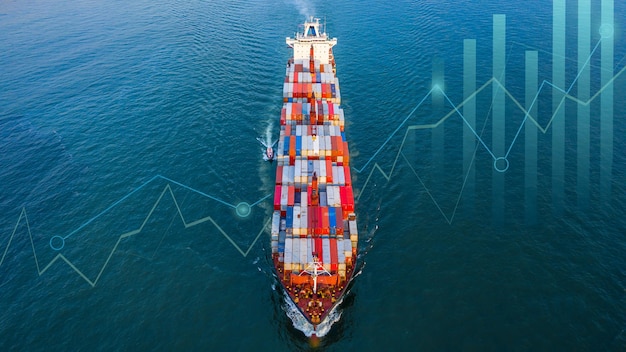 Luftbild-Containerschiff mit Business-Graph-Analyse Global Business Import Export Logistischer Transport weltweit per Container-Frachtschiff Schiff Frachtschifffahrt