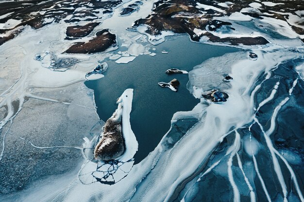 Luftbild-Drohne-Ansicht Gletscher-Island Slheimajkull Schmelzendes Eis Klimawandel und globale Erwärmung Con