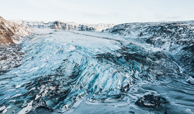 Luftbild-Drohne-Ansicht Gletscher-Island Slheimajkull Schmelzendes Eis Klimawandel und globale Erwärmung Con