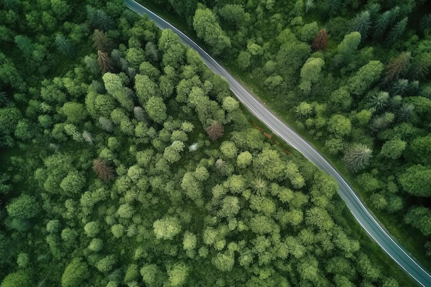 Luftbild Straße im mittleren Wald Draufsicht Straße durch grünen Wald Abenteuer Ökosystem Ökologie gesunde Umwelt Road Trip Reisen