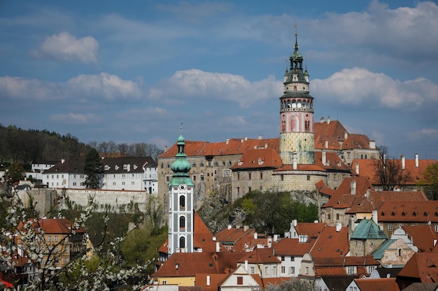 Luftbild über die Altstadt von Cesky Krumlov Tschechien