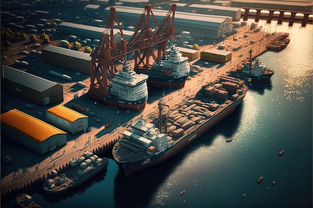 Luftbild über einen belebten Hafen mit Kränen für Containerschiffe Generative Ai