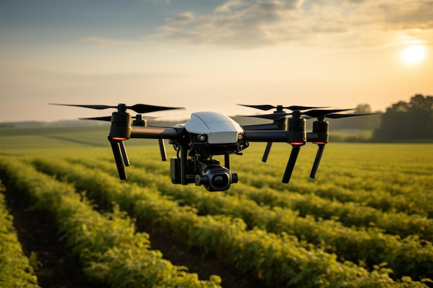 Luftbild von einer Drohne, die bei Sonnenaufgang über landwirtschaftliche Felder fliegt und analysiert
