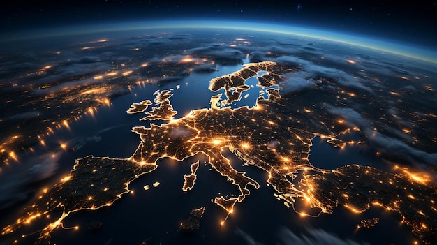 Luftbild von Europa aus dem Weltraum bei Nacht Kommunikationstechnologie mit globalem Internetnetz verbunden in Europa