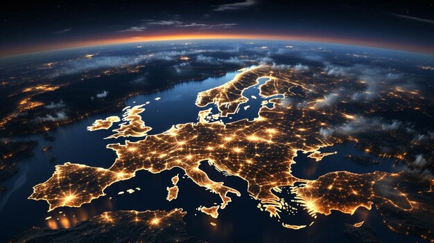 Luftbild von Europa aus dem Weltraum bei Nacht Kommunikationstechnologie mit globalem Internetnetz verbunden in Europa