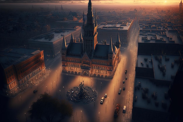 Luftbild von Lodz in der Abenddämmerung in Polen