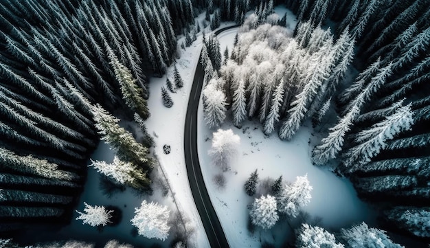 Luftbild von oben auf die Asphaltstraße durch den Winterwald, weiße Schneedecke, Baum Generative KI