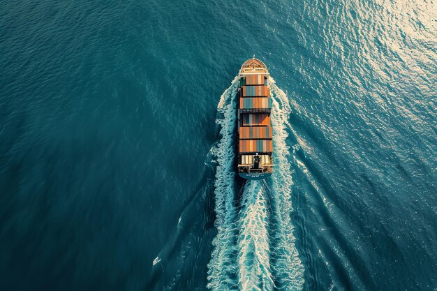 Luftbild von oben nach unten eines riesigen Containerschiffs in Bewegung über einem offenen Ozean mit Kopierraum Generative KI