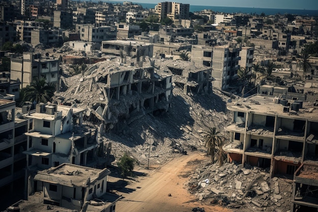 Luftbild von zerstörten Gebäuden im Gazastreifen nach einer Explosion