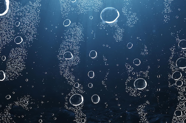 Luftblasen unter Wasser blauer Hintergrund, Meerestiefentauchen