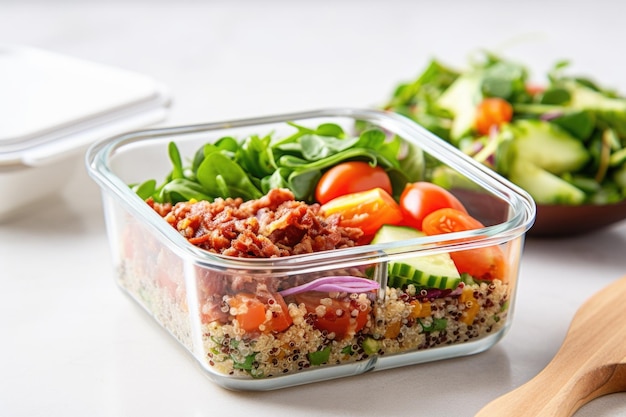 Luftdichter Glasbehälter mit geschichtetem Quinoa-Salat für das Mittagessen im Büro