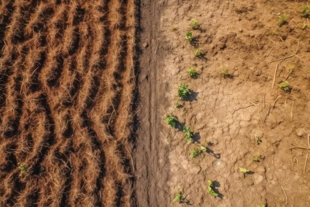 Luftdrohnen schossen trockenen, rissigen Boden auf landwirtschaftlichen Feldern, abgestorbene Pflanzen, Hitzewelle