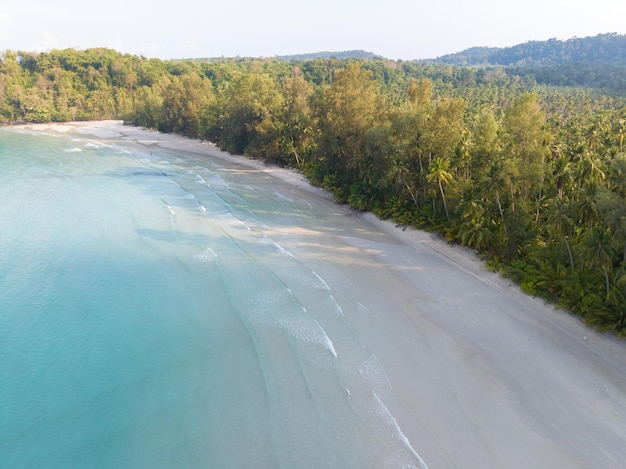 Luftdrohnenansicht des wunderschönen strandes mit türkisfarbenem meerwasser und palmen der insel kood im golf von thailand thailand