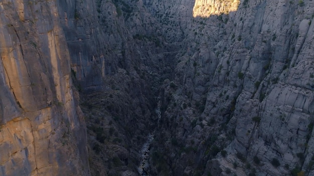 Luftdrohnenansicht einer tiefen Schlucht Hohe Felsen Enger Raum Fluss unten Grüne Bäume wachsen entlang der Felsen