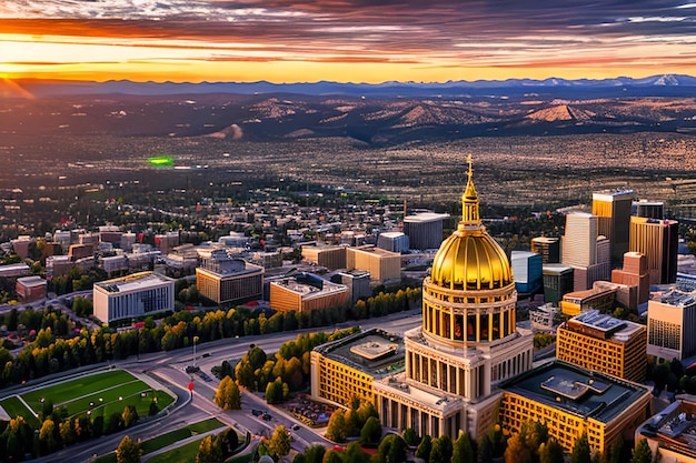 Luftdrohnenaufnahme Atemberaubender goldener Sonnenuntergang über dem Gebäude der Hauptstadt des Bundesstaates Colorado und Rocky Mo