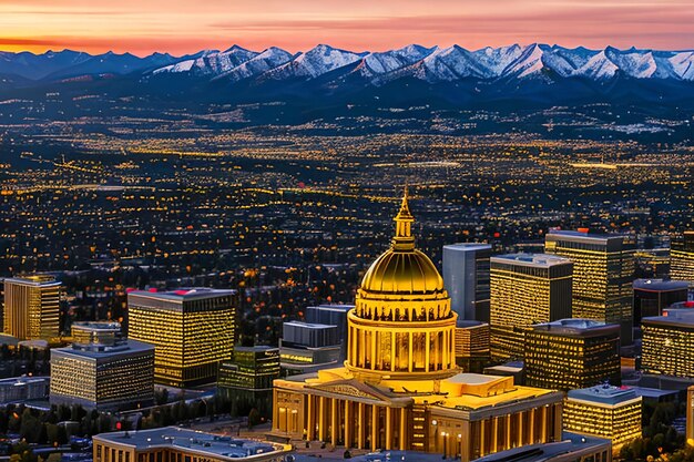 Luftdrohnenaufnahme Atemberaubender goldener Sonnenuntergang über dem Gebäude der Hauptstadt des Bundesstaates Colorado und Rocky Mo