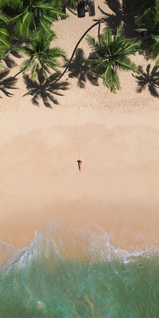 Luftdrohnenaufnahme des tropischen Strandparadieses mit Palmen und Frauenmodell im schwarzen Bikini