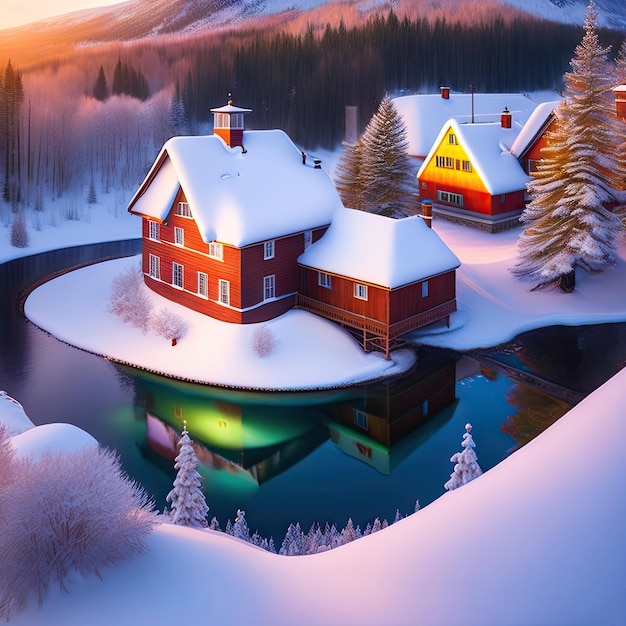 Luftdrohnenaufnahme von schneebedeckten Häusern neben einem zugefrorenen Fluss. Digitale Kunstwerke